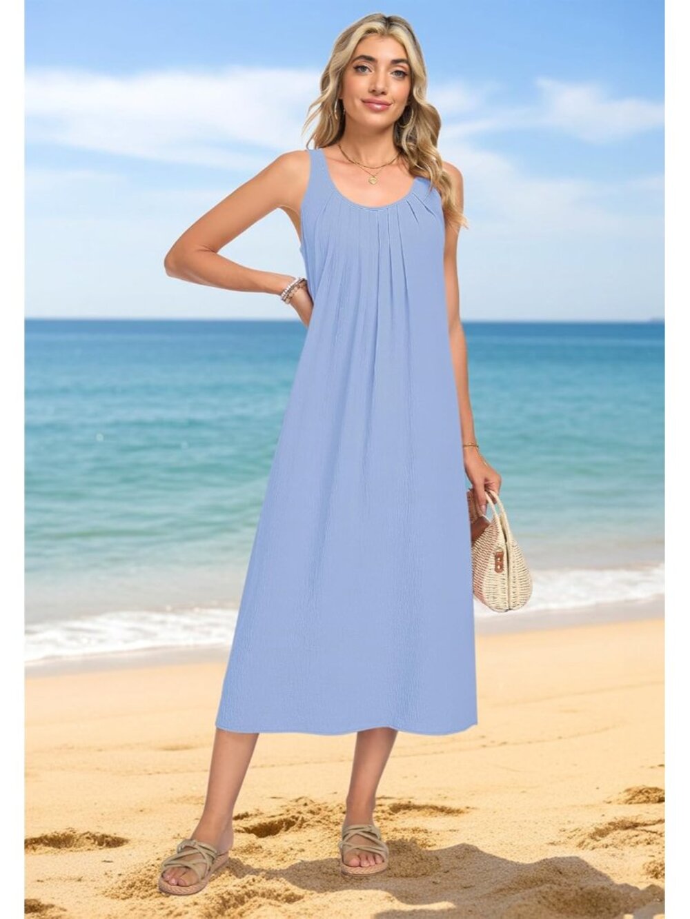 Women's Sky Blue Summer Maxi Dress Sleeveless Back Hollow Out Long Beach Dress - Picture 3 of 5
